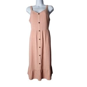 Linen Blend Midi Dress M Blush Pink Button Front Sleeveless Coastal Chic